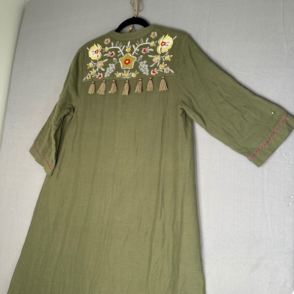 Soft Surroundings‎ Embroidered Tunic Dress Olive Green Tassel Detail Women Large - Picture 2 of 14